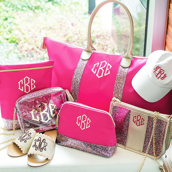 monogrammed hot pink confetti collection with weekender bag and cosmetic bags