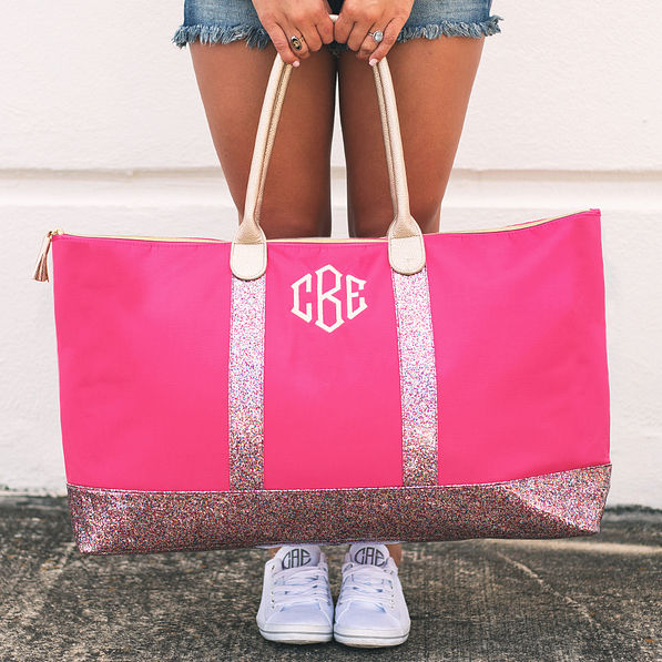 Monogrammed Glitter Weekender Bag - Pink Multicolor