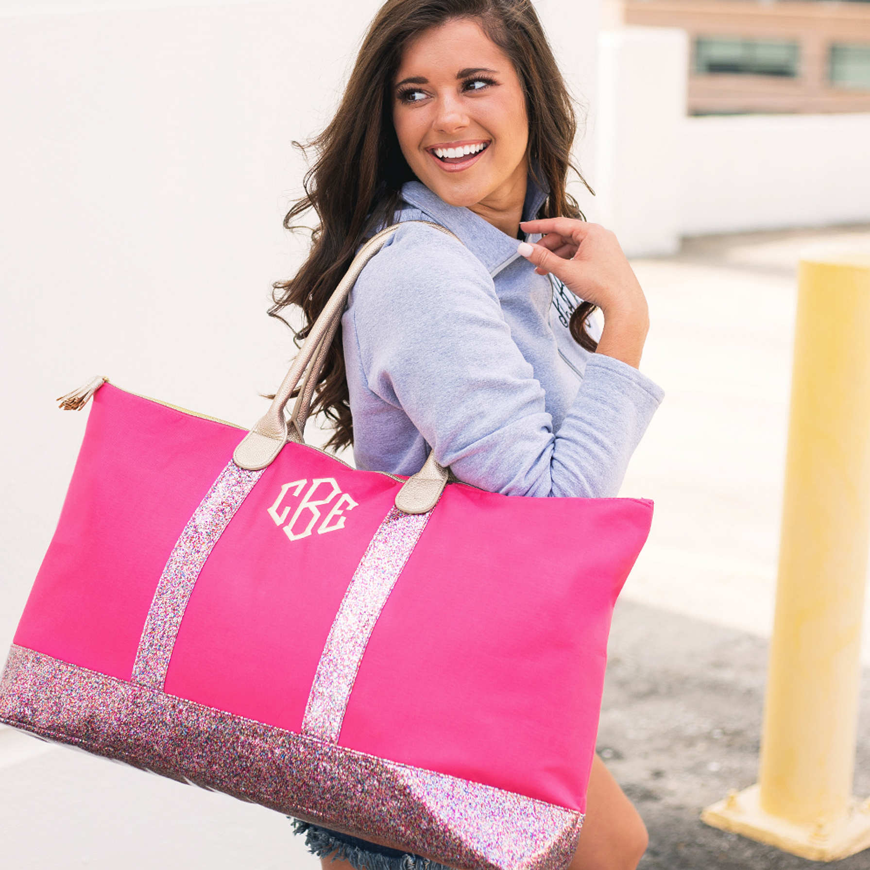 Monogrammed Glitter Weekender Bag Pink Multicolor
