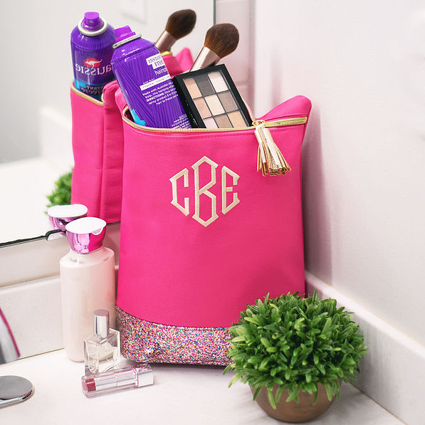 monogrammed confetti ditty bag packed with makeup and toiletries