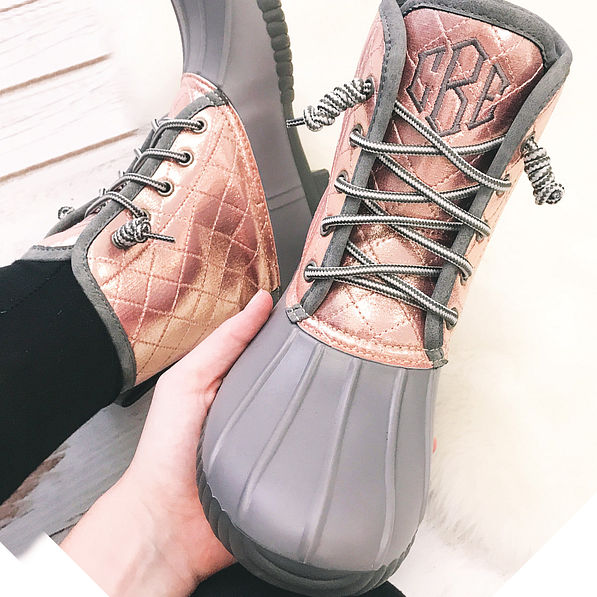 monogrammed rose gold duck boot selfie