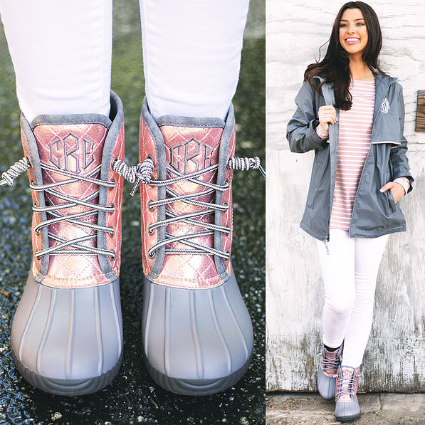 monogrammed rose gold duck boots with new england rain jacket