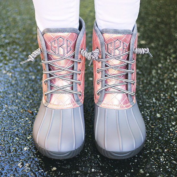 personalized duck boots in rose gold