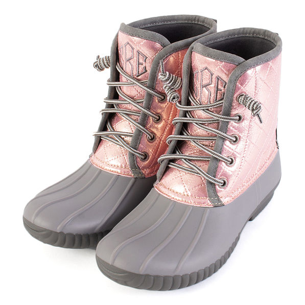 monogrammed rose gold duck boots