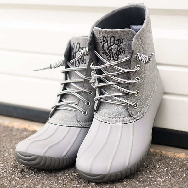 monogrammed heathered silver duck boots