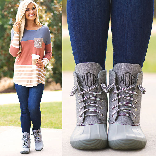 monogrammed quilted silver duck boots with colorblock tunic