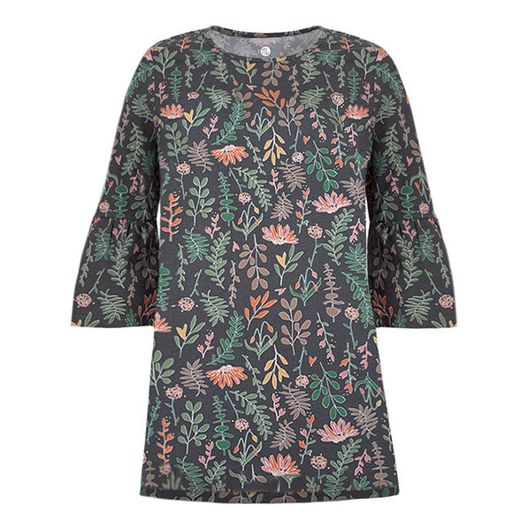 bell sleeve layering tunic in charcoal with floral print