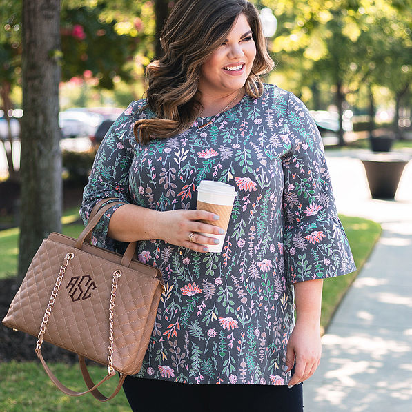 floral bell sleeved tunic with monogrammed quilted purse