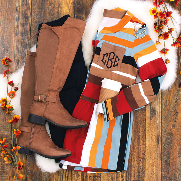 monogrammed colorblock peplum top with riding boots