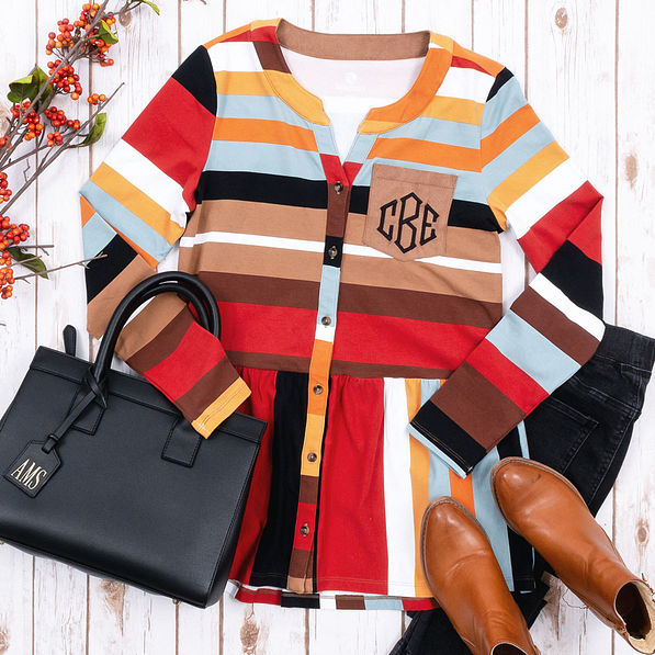 striped monogrammed peplum top with monogrammed tote