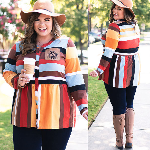 monogrammed colorful striped long sleeved peplum tunic with boots and hat