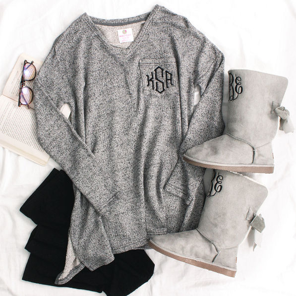 cozy outfit with monogrammed hankerchief tunic in charcoal and monogrammed booties