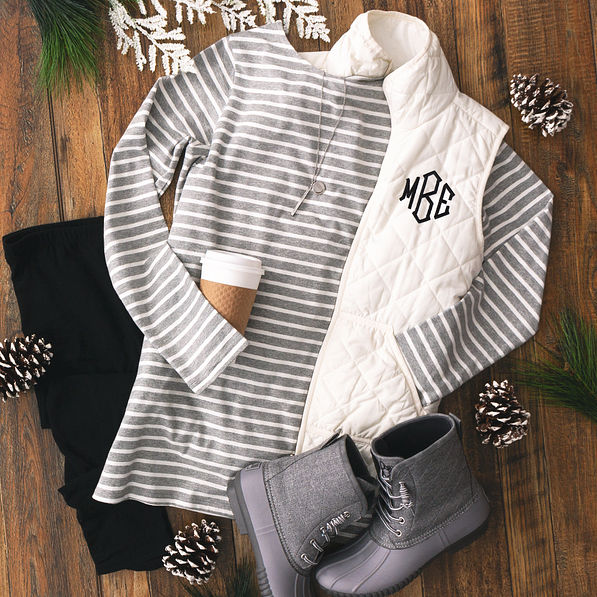 gray striped tunic with monogrammed puffy vest and duck boots