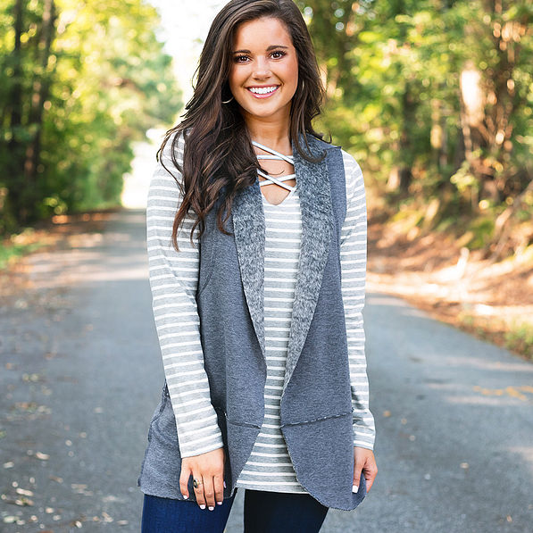 criss cross side on gray two way tunic with reversible madison vest