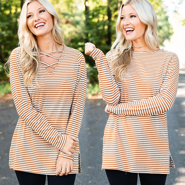 two way tan striped tunic with side slits