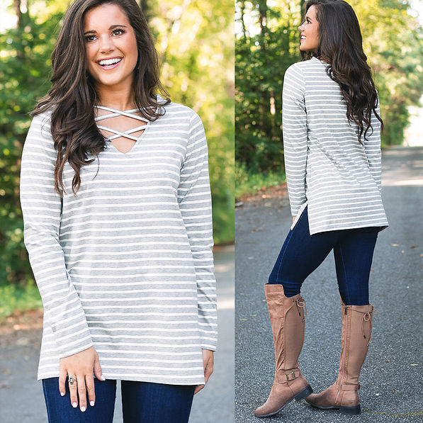 two way gray striped tunic with criss cross side and scoopneck side