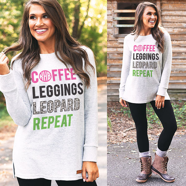 coffee leggings leopard repeat terry pullover with duck boots