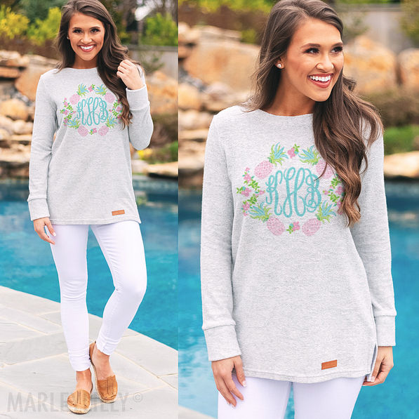 pineapple monogrammed terry pullover with white jeans by pool
