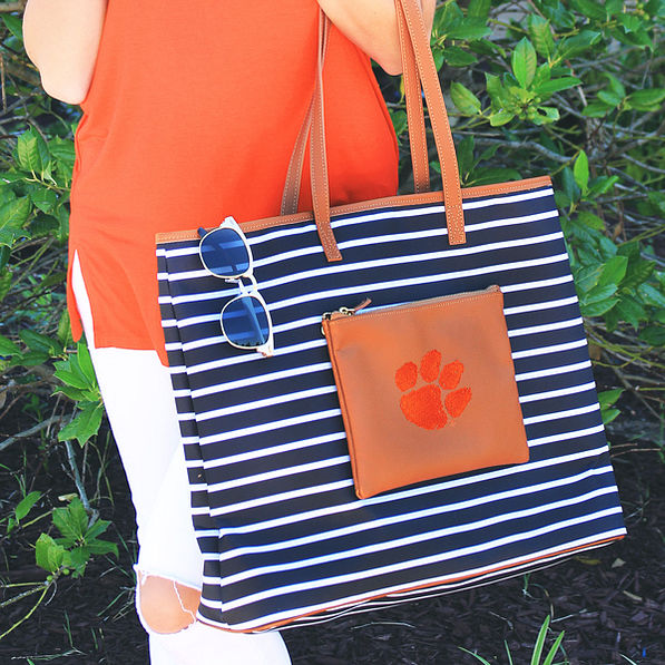 clemson black and white stripe overnight tote bag