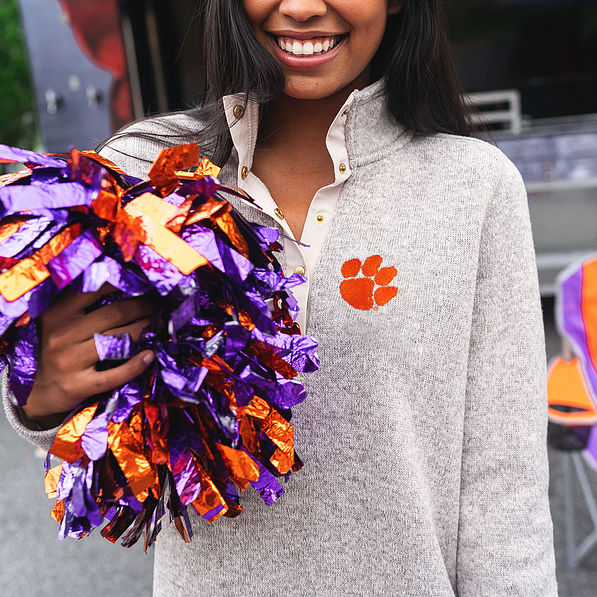 clemson heathered pullover tunic in oatmeal with pom pom