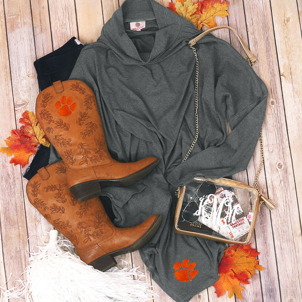 clemson outfit with turtleneck tunic and cowboy boots