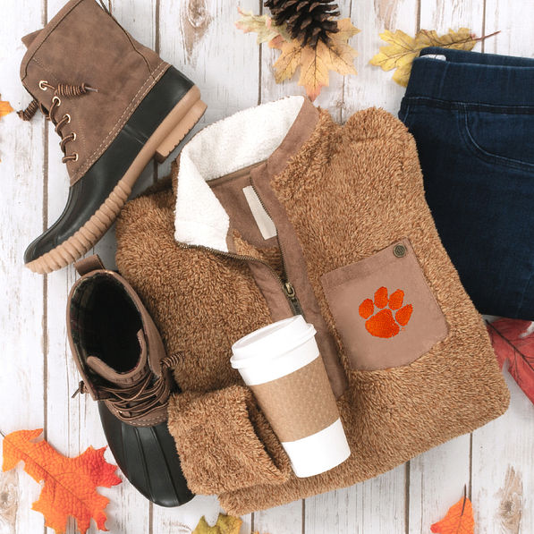 clemson sherpa pullover tunic with duck boots