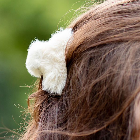 white fur hair clip close up