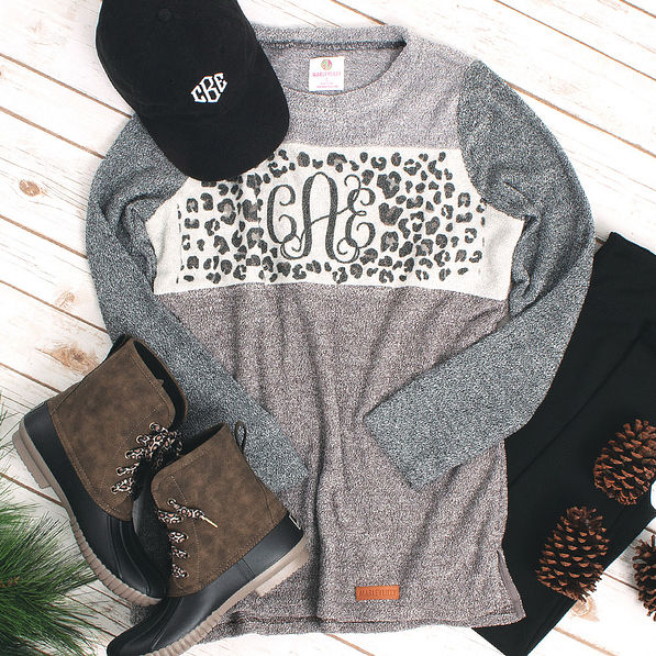 leopard monogrammed colorblock terry pullover with leopard lace duck boots