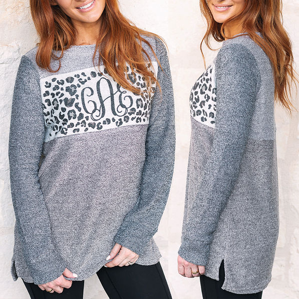 front and side views of monogrammed colorblock pullover with leopard monogram