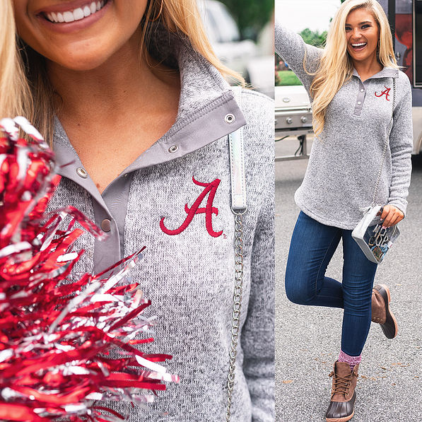 blonde wearing alabama heathered pullover tunic with jeans and duck boots