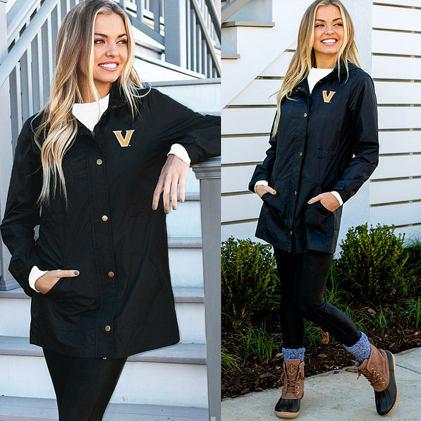 girl wearing vanderbilt black rain jacket
