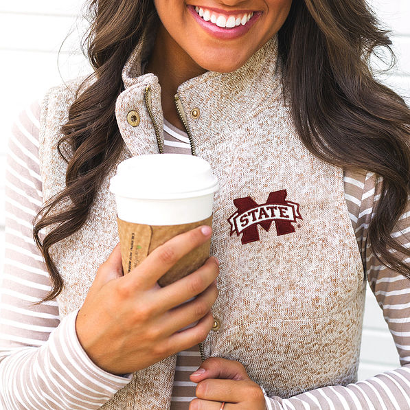 close up of mississippi state heathered quilted vest in oatmeal