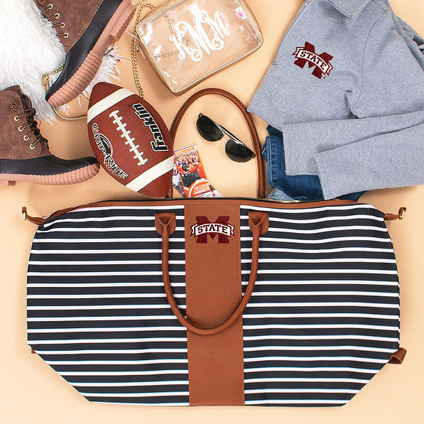 striped mississippi state weekender bag with accessories