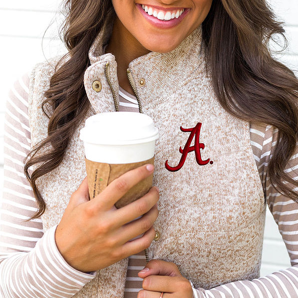 up close of oatmeal heathered quilted alabama vest