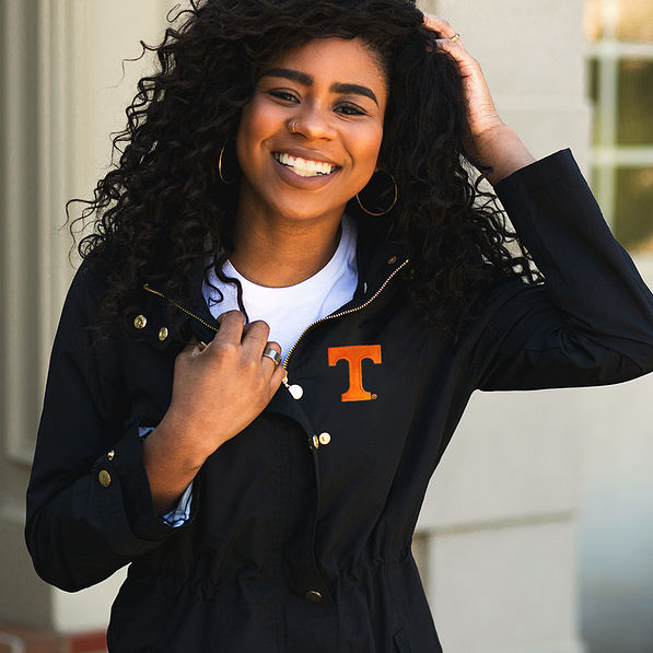 close up of black tennessee rain jacket