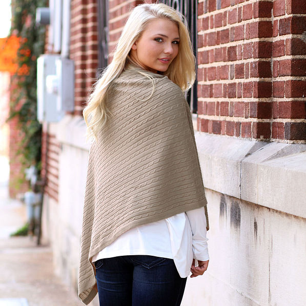 back of poncho with white shirt underneath