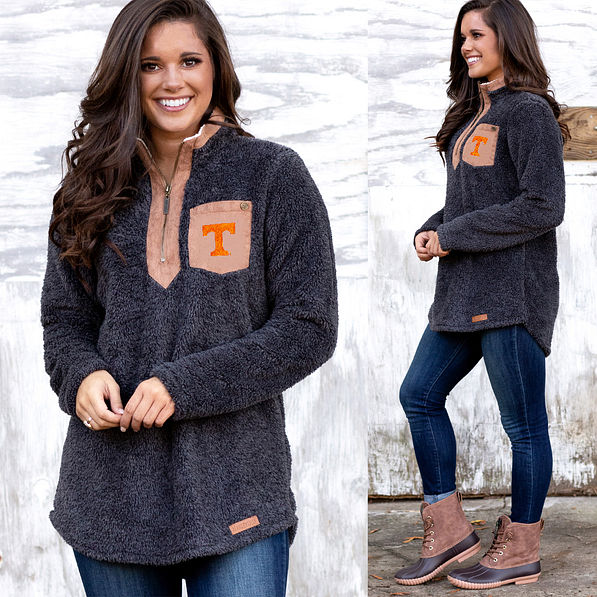 front and side of charcoal sherpa pullover tunic