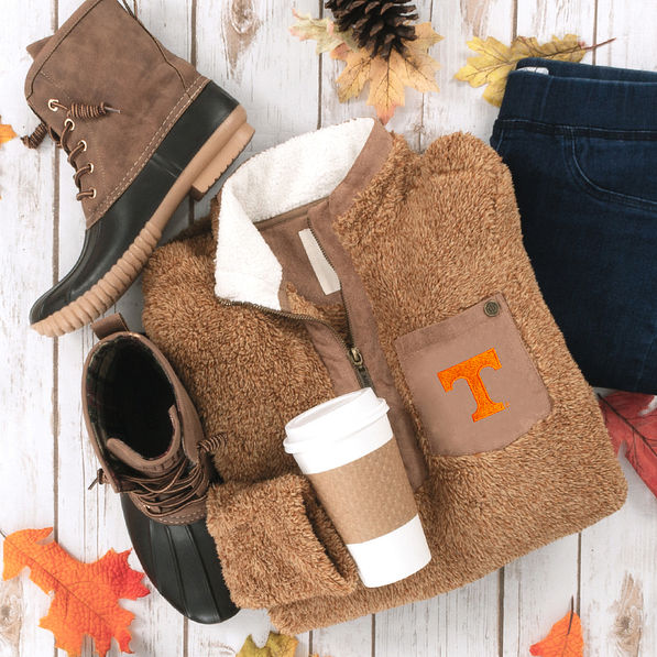 tennessee sherpa pullover tunic in camel with duck boots