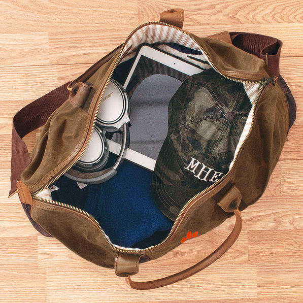 inside of the waxed canvas clemson weekender bag - sp23