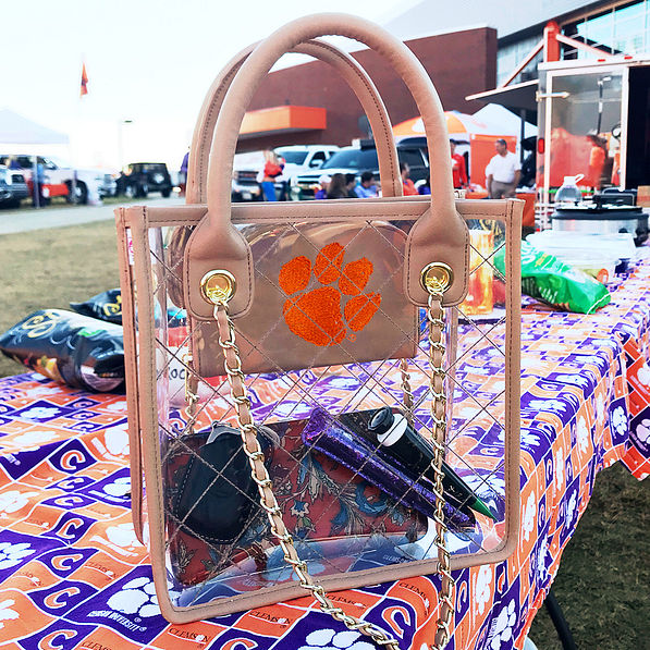 clear tote with clemson embroidered pouch inside at clemson tailgate