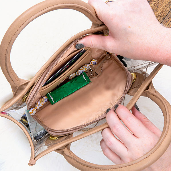 inside zippered pocket of clemson quilted clear tote