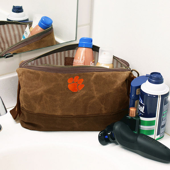 clemson waxed canvas dopp kit on bathroom counter - sp23