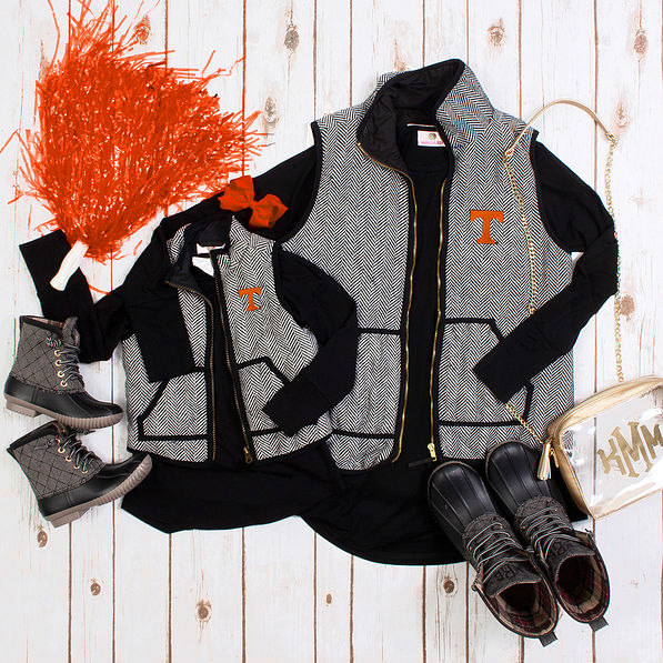 mommy and me tennessee herringbone vests with duck boots