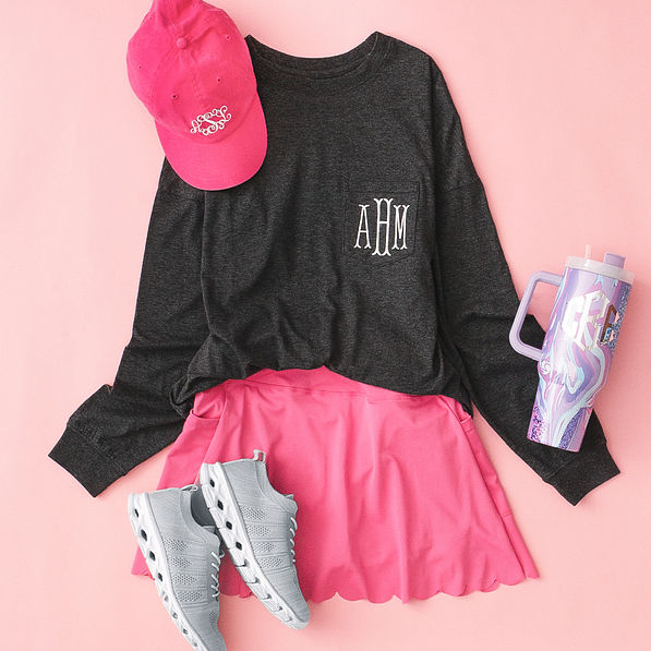 charcoal monogrammed long sleeve shirt with tumbler and skort