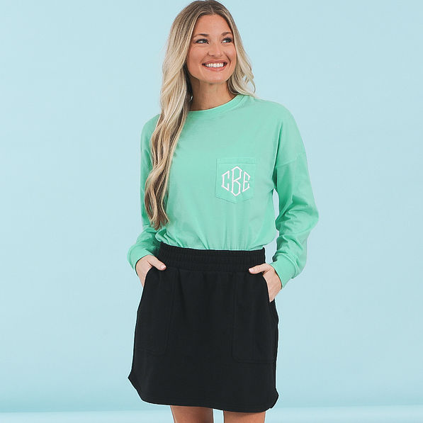 monogrammed mint long sleeve shirt with black skort