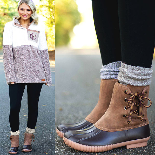 pull on duck boots with monogrammed colorblock sherpa