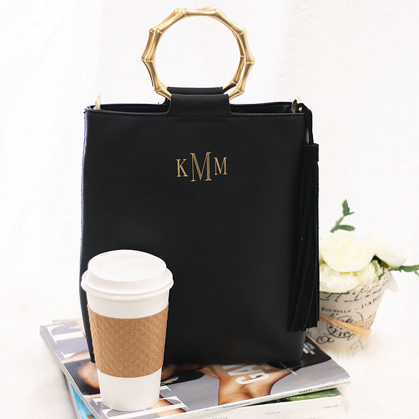black monogrammed bamboo ring handle tote purse with coffee
