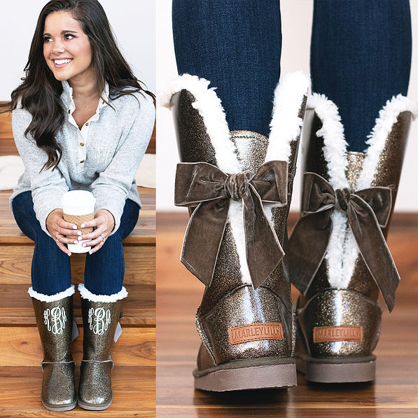 bronze glitter monogrammed sherpa tie booties with bows in back