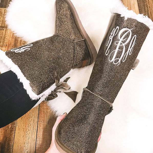 Brown Glitter Sherpa Tie Booties with Velvet Tie Back