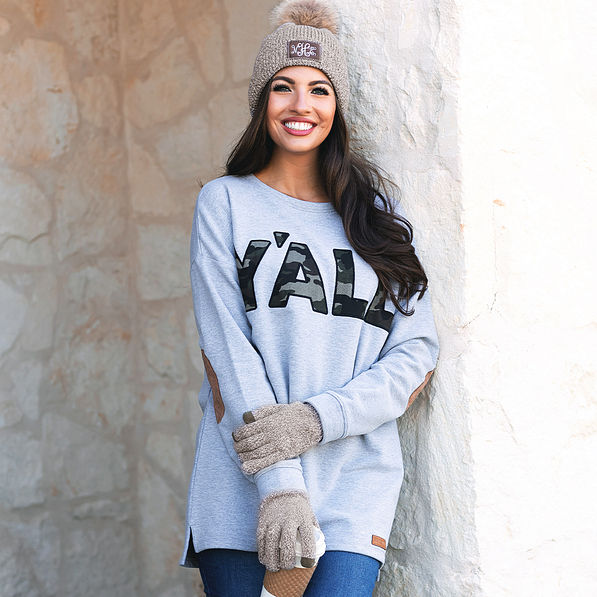 matching brown knit beanie and gloves with y'all sweatshirt